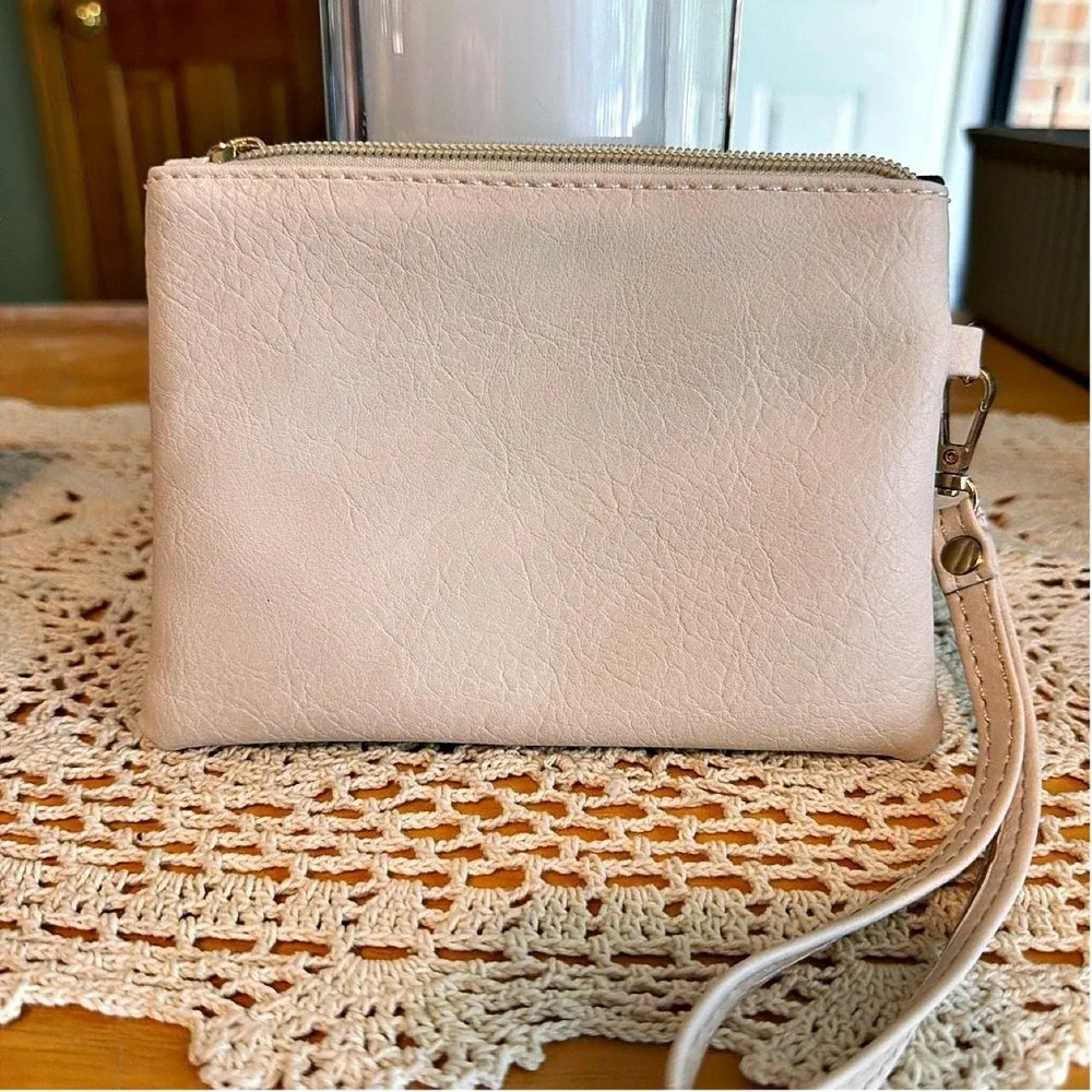 Cream Faux Leather Wristlet Small Zipper Pouch Gold Hardware Minimalist Pouch